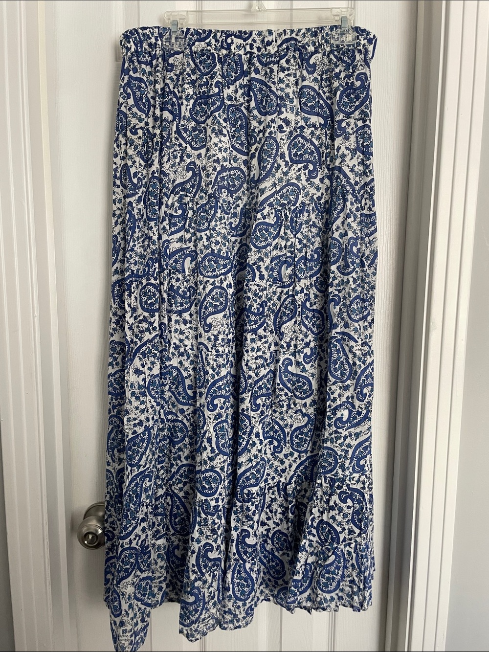 Solitaire Blue and White Paisley Tiered Cotton Maxi Skirt